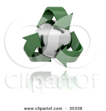 Clipart Illustration of Green Recycle Arrows Around Metal Orb by KJ Pargeter