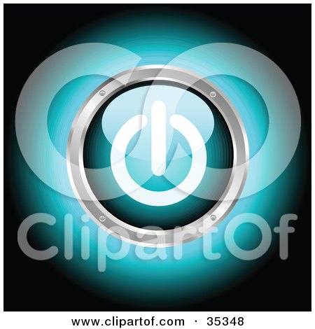 Clipart Illustration of a Glowing Blue Power Button Rimmed In Chrome by KJ Pargeter