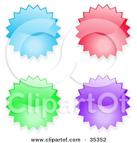 Clipart Illustration of a Design Collection Of Blue, Red, Green And Purple Shiny Starburst Shaped Internet Icons Or Buttons by KJ Pargeter