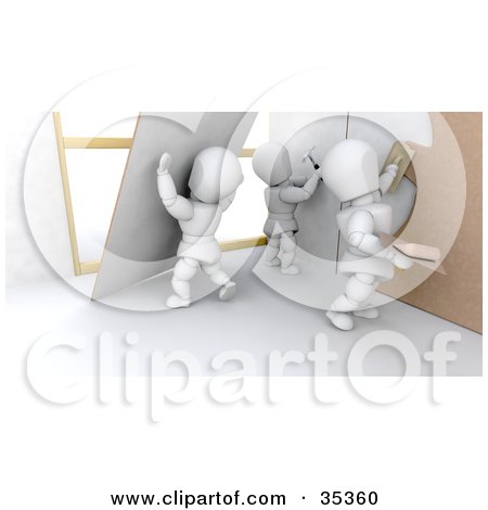 Clipart Illustration of 3d White Characters Putting Up Walls And Applying Plaster  by KJ Pargeter