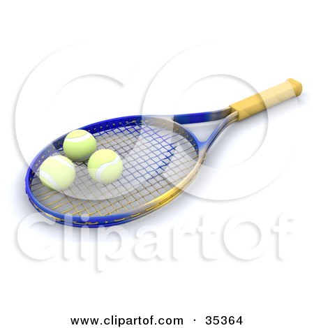 Clipart Illustration of Three Tennis Balls Resting On A Tennis Racket by KJ Pargeter