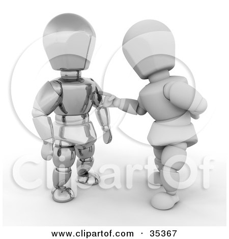 Clipart Illustration of a 3d White Character Reaching Out To Curiously Touch A Metal Character by KJ Pargeter