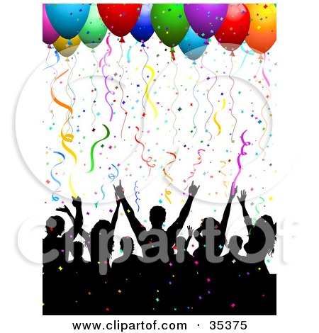 Clipart Illustration of a Black Silhouetted Crowd Having Fun Under Confetti And Party Balloons by KJ Pargeter