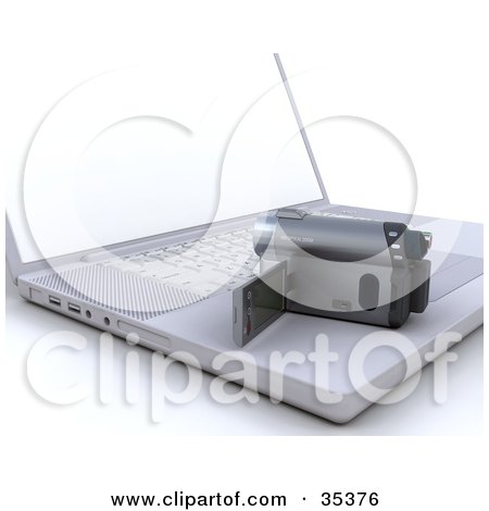 Clipart Illustration of a 3d Personal Cam Corder Resting On Top Of A Laptop Computer by KJ Pargeter