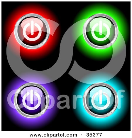 Clipart Illustration of a Set Of Four Glowing Red, Green, Purple And Blue Power Buttons by KJ Pargeter