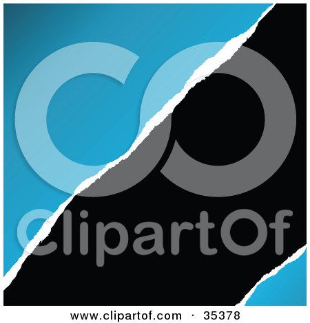 Clipart Illustration of a Black Background Emerging From Ripped Blue Paper by KJ Pargeter