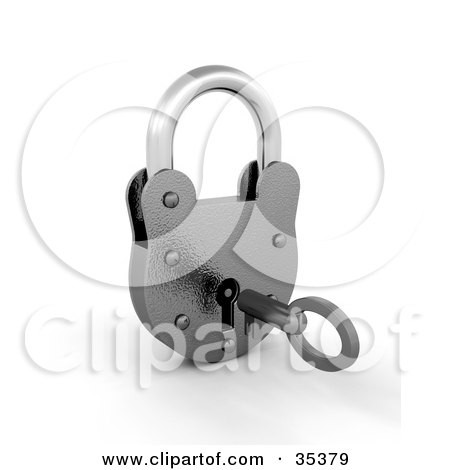 Clipart Illustration of a 3d Metal Padlock Locked, A Key In The Hole by KJ Pargeter