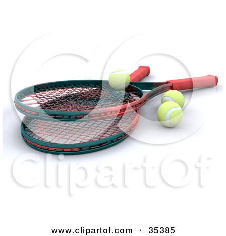 Clipart Illustration of Two Green And Red Tennis Rackets And Three Balls by KJ Pargeter