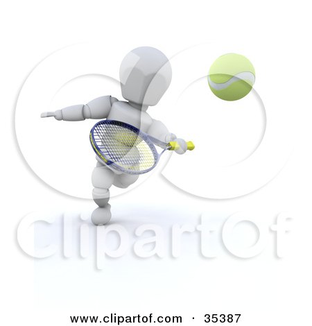Clipart Illustration of a 3d White Character Running Forward To Hit A Tennis Ball With A Racket by KJ Pargeter