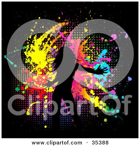 Clipart Illustration of a Dancing Woman, Silhouetted In Black, Over A Grungy Black Background Of Dots And Splatters by KJ Pargeter