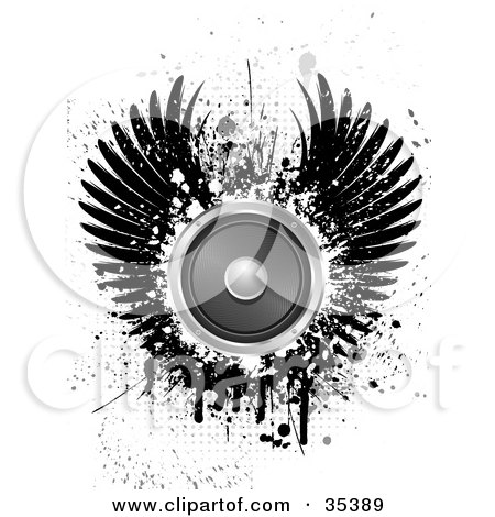Clipart Illustration of a Music Speaker With Grungy Black Wings, Over A White Background With Gray Splatters by KJ Pargeter