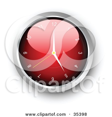 Clipart Illustration of a Shiny Red Wall Clock With The Arms Pointing At 5 by KJ Pargeter