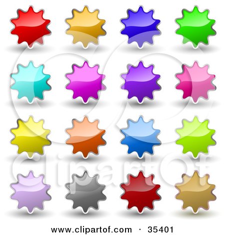 Clipart Illustration of a Set Of Red, Orange, Blue, Green, Pink, Purple, Gray And Brown Shiny Starburst Shaped Internet Icons Or Buttons by KJ Pargeter