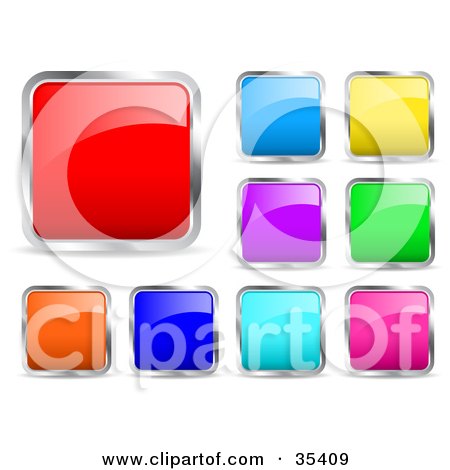Clipart Illustration of a Design Set Of Red, Blue, Purple, Yellow, Green, Orange And Pink Chrome Rimmed Icon Buttons by KJ Pargeter