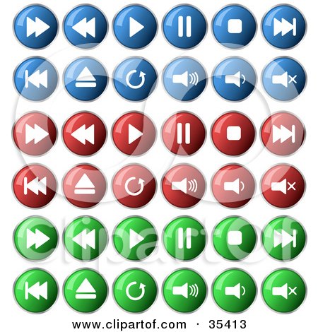 Clipart Illustration of a Set Of Blue, Red And Green Media Icon Buttons by KJ Pargeter