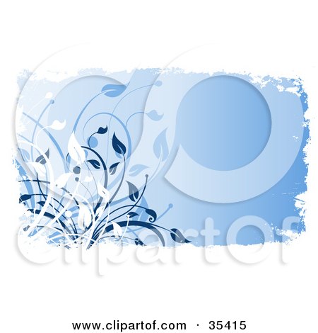 Clipart Illustration of a White Grunge Border Around A Blue Floral Grunge Background With White And Blue Plants by KJ Pargeter