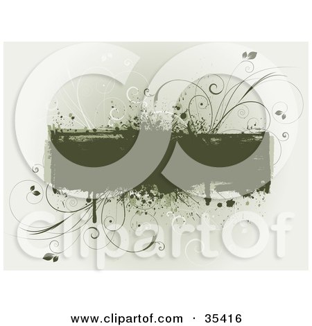 Clipart Illustration of an Olive Green Grunge Text Box With Drips, Splatters And Green And White Curling Grasses by KJ Pargeter