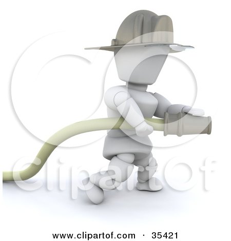 Clipart Illustration of a 3d White Character Fireman In A Helmet, Running With A Hose by KJ Pargeter