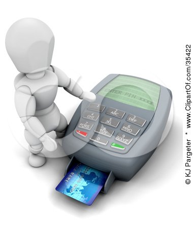 Clipart Illustration of a 3d White Character Operating A Credit Card Machine by KJ Pargeter
