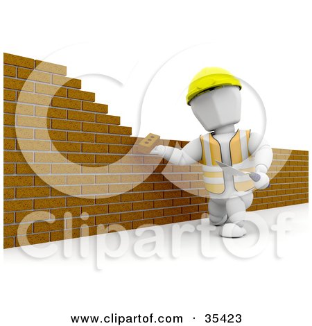 Clipart Illustration of a White Character Putting Up A Brick Wall With A Trowel And Mortar by KJ Pargeter