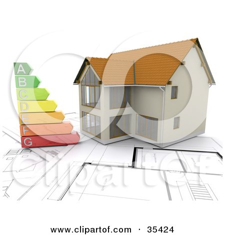 Clipart Illustration of a New Home And Energy Rating Chart Resting Over Blueprints by KJ Pargeter