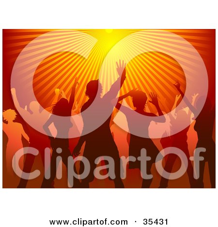 Clipart Illustration of Red And Orange Silhouetted Men And Women On A Dance Floor Under A Bright Burst Of Light  by KJ Pargeter