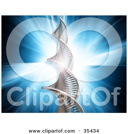 Clipart Illustration of a Bursting Blue Background Behind A Twisting Chrome Strand Of DNA by KJ Pargeter