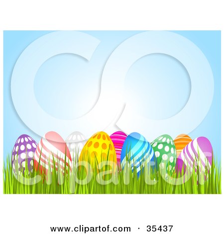 Clipart Illustration of a Group Of Colorful Polka Dot And Wave Patterned Easter Eggs Nestled In Grass Under A Blue Sky by KJ Pargeter
