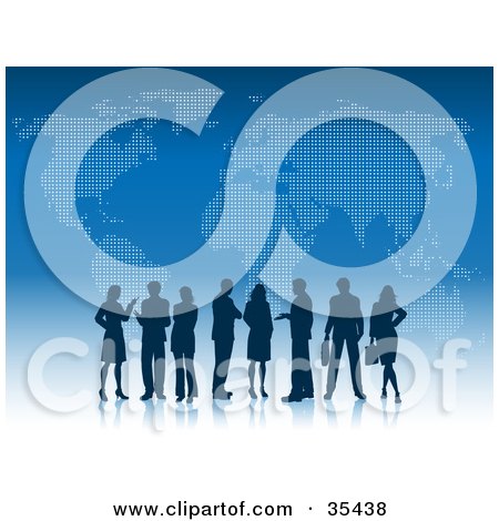 Clipart Illustration of Silhouetted Professional Business Men And Women Standing On A Reflective White Surface With A Blue Atlas Background by KJ Pargeter