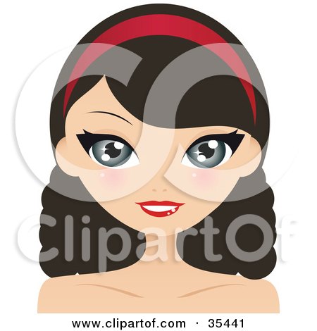 Clipart Illustration of a Pretty Brunette Caucasian Woman With Wavy Hair, Wearing A Red Headband And Smiling by Melisende Vector