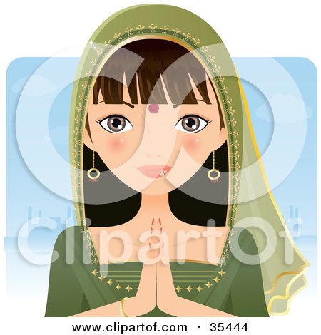 Clipart Illustration of a Beautiful Indian Woman In A Green Sari, Holding Her Hands Together by Melisende Vector