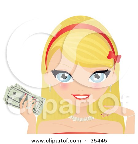 Clipart Illustration of a Beautiful, Wealthy Blond Caucasian Woman In Stunning Jewelery, Holding Cash In Her Hand by Melisende Vector