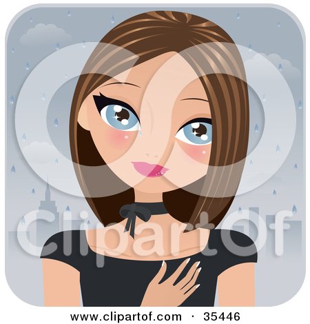 Clipart Illustration of a Sad Blue Eyed Brunette Caucasian Woman Shedding A Tear On A Rainy City Day by Melisende Vector