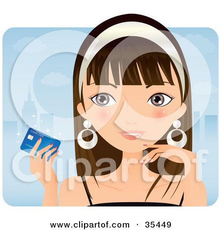 Clipart Illustration of a Young Caucasian Woman Holding Up A Credit Card While Shopping In The City by Melisende Vector