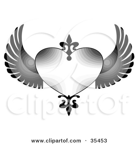 Clipart Illustration of a Shaded Heart With Black Accents And Wings by C Charley-Franzwa