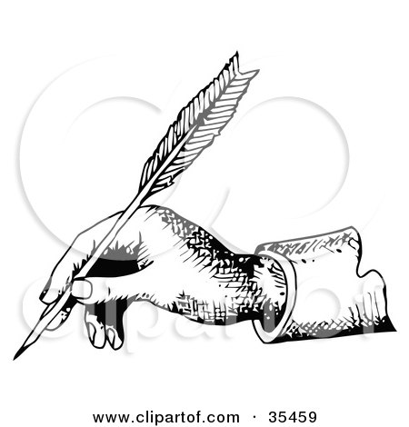 Clipart Illustration of a Hand Holding A Feather Quill And Signing A Wedding Guest Book by C Charley-Franzwa