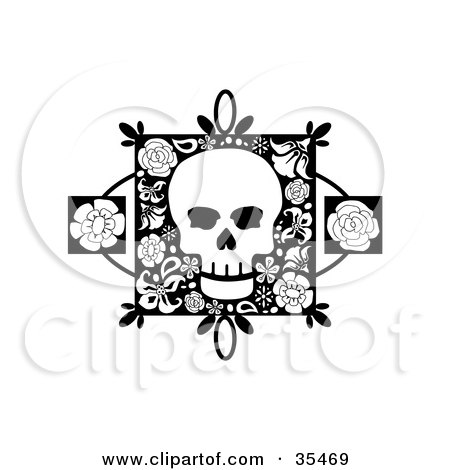 Clipart Illustration of a White Skull On A Floral Square With Two Rose Accents by C Charley-Franzwa