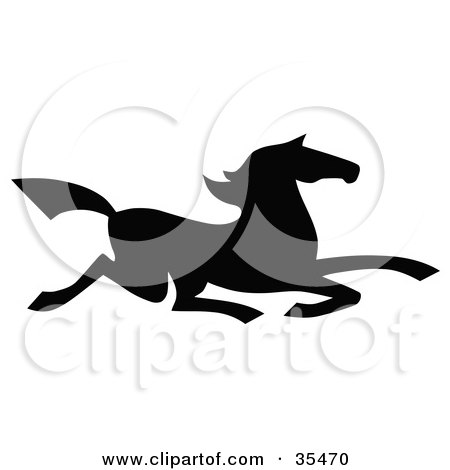 Clipart Illustration of a Black Silhouetted South Western Styled Horse Running Right by C Charley-Franzwa
