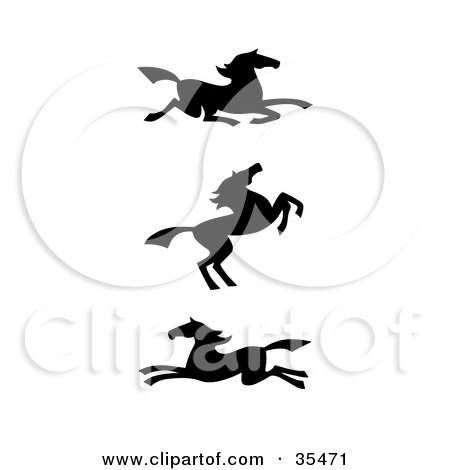 Clipart Illustration of a Set Of Three Black Silhouetted Southwestern Styled Horses by C Charley-Franzwa