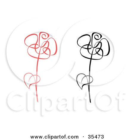 Clipart Illustration of Red And Black Roses With Single Leaves On Their Stems by C Charley-Franzwa