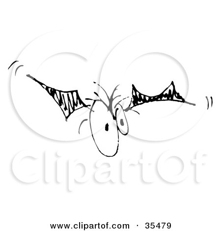 Clipart Illustration of a Large Eyed Flying Bat In Black And White by Andy Nortnik