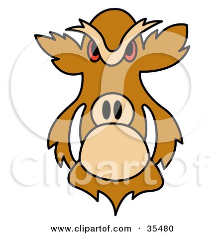 Clipart Illustration of a Mean, Red Eyed Boar Face With Tusks by Andy Nortnik