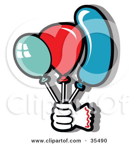Clipart Illustration of a Clown's Hand Holding Green, Blue And Red Party Balloons by Andy Nortnik