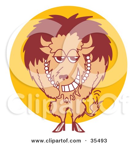 Clipart Illustration of a Grinning Buffalo Standing In Front Of A Yellow Circle by Andy Nortnik
