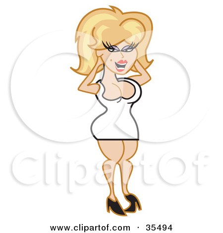 Clipart Illustration of a Sexy, Busty Blond Woman In A Tight And Short Dress And Heels, Fluffing Her Hair by Andy Nortnik