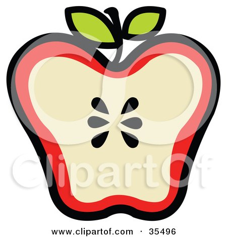 Clipart Illustration of a Halved Red Apple With Seeds In The Center And Two Leaves On The Stem by Andy Nortnik