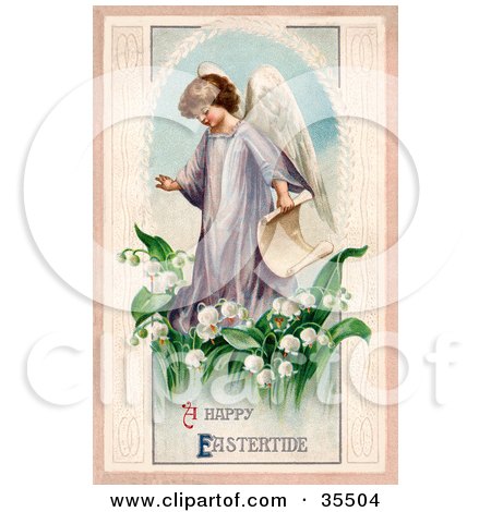 Clipart Illustration of a Young Victorian Easter Angel Carrying A Scroll And Walking In Lily Of The Valley Flowers by OldPixels