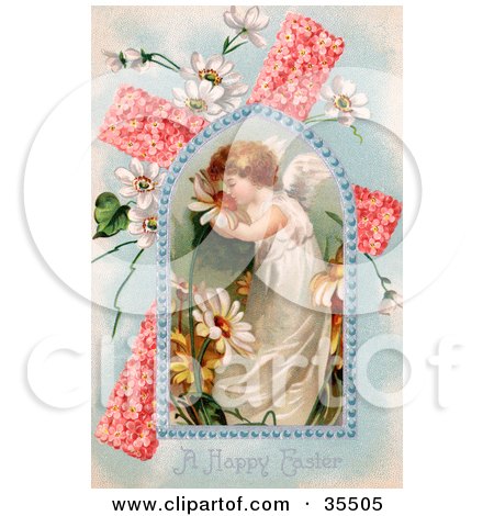 Clipart Illustration of an Adorable Young Victorian Easter Angel Smelling Spring Flowers, In A Window Over A Pink Floral Cross With Poet's Daffodils by OldPixels