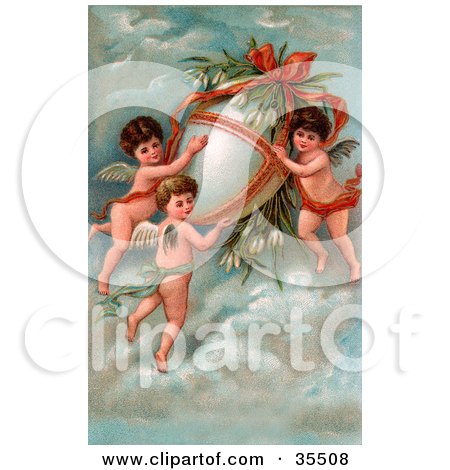 Clipart Illustration of Three Victorian Cherubs Transporting A Giant Easter Egg With Flowers In The Sky by OldPixels