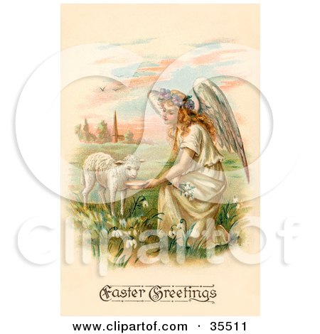 Clipart Illustration of a Pretty Blond Haired Female Victorian Easte Angel Kneeling And Feeding A Lamb by OldPixels